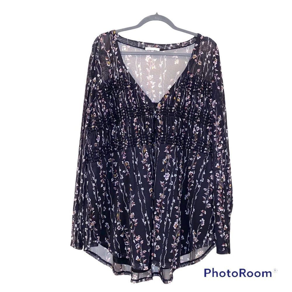 Maurices Boho black floral V-neck long sleeve top with built in camisole